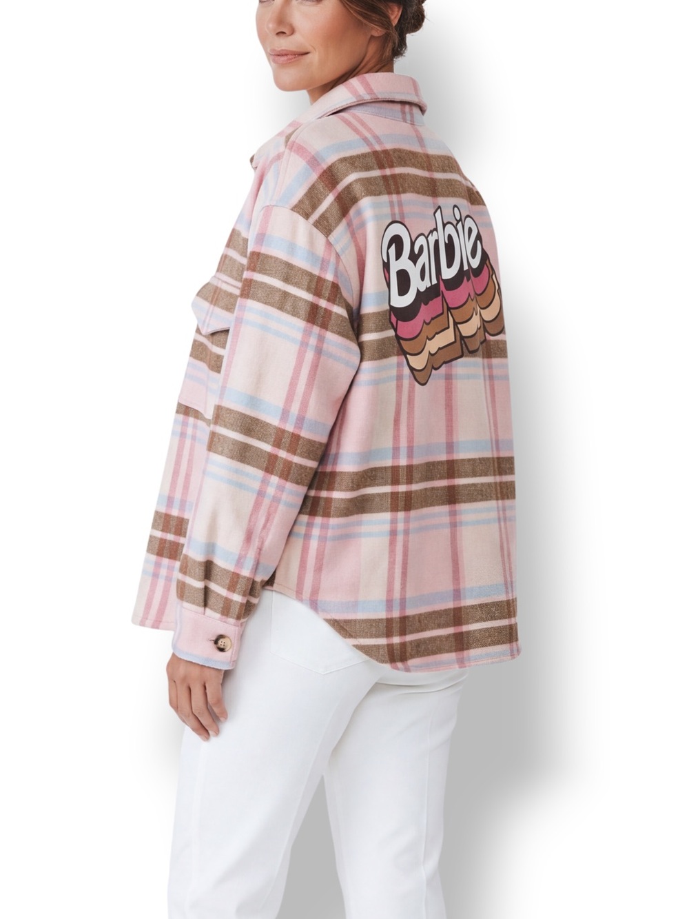 4/$20 Barbie Pink Plaid Shacket Large Oversized Retro Logo Button Front Top